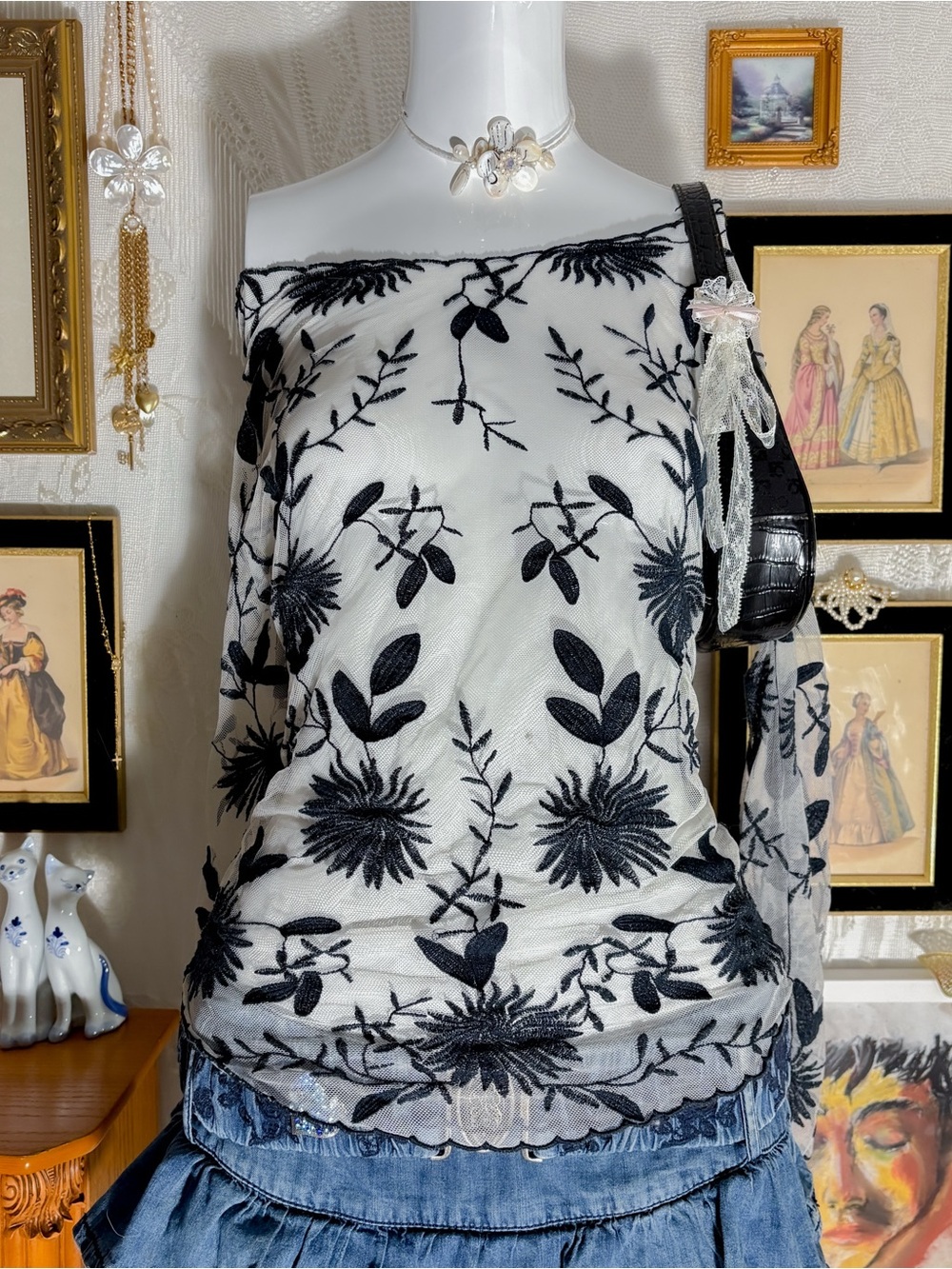 Coquette cottage girly floral embroidered sheer mesh off the shoulder blouse